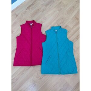 LOT of 2 Coldwater Creek XS Full Zip Quilted Vests Red & Teal Zipper Pockets